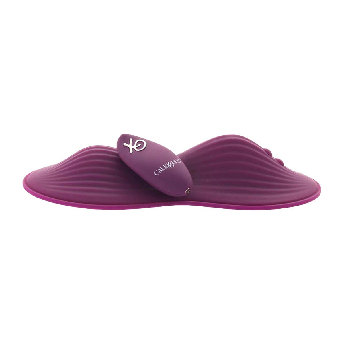 Dark purple textured silicone vibrating pad with two control buttons and a remote control Nudie Co