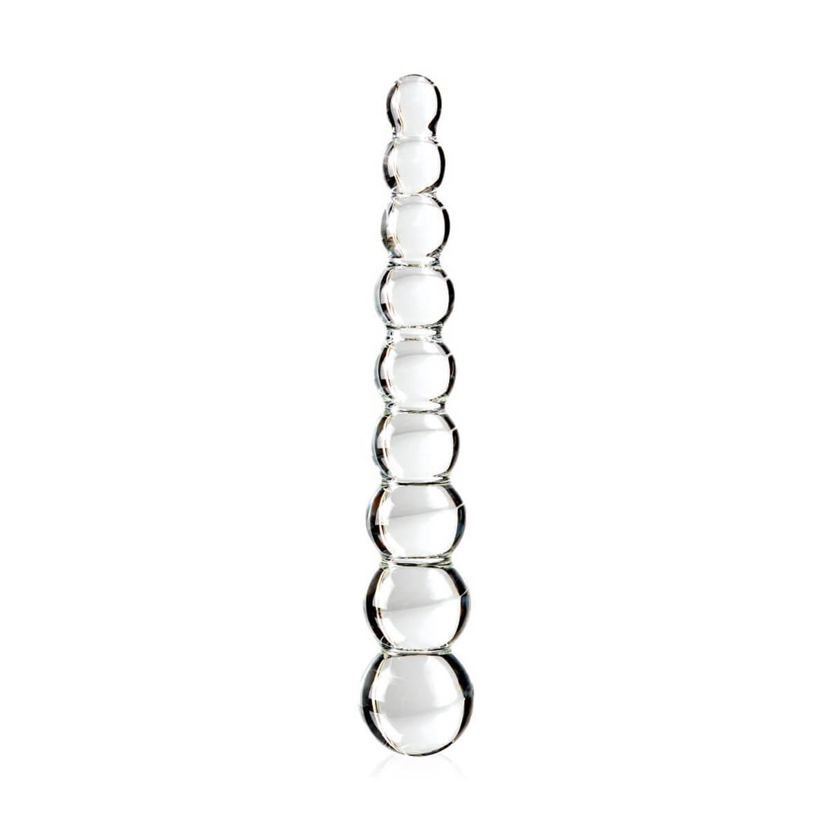 Hand-blown glass beaded dildo over a white background Nudie Co